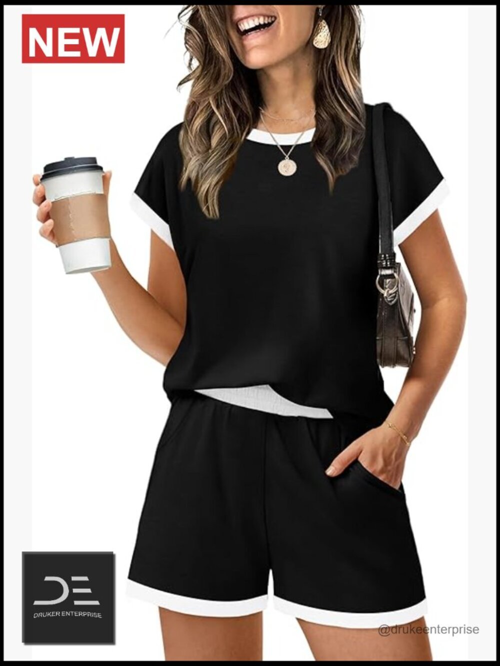 Two Piece Lounge Set with Shorts and Crew Neck Top Pockets